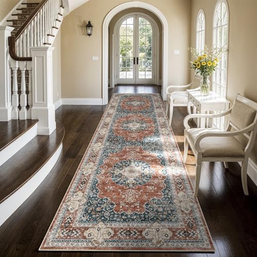 Ksrau 3x10 Runner Rug Washable Vintage: Non Slip Hallway Runners Brick/Blue by Ksrau