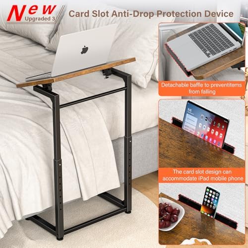 Tv Tray Table, 8-Level Adjustable Height Couch Side Table，90° Tilt Angle Adjustments C-Shaped End Table, with Phone & Tablet Slot Sofa Computer Desk for Couch, Sofa, Bed, Chair, Living Room (Brown) - Image 5