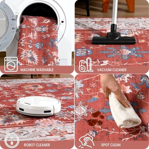 Hanples 5x7 Area Rugs for Living Room, Washable Rug Vintage Floral, Red - Image 6