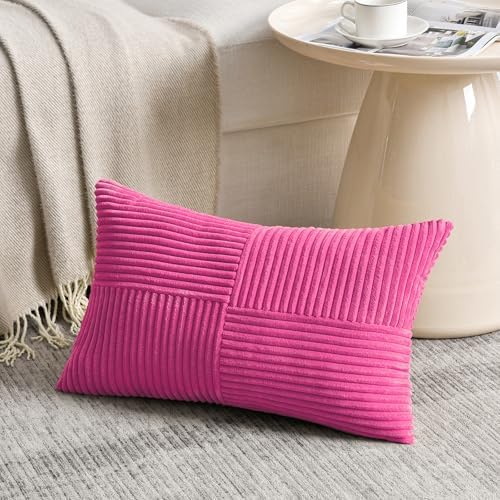 Fancy Homi 2 Packs Hot Pink Lumbar Decorative Throw Pillow Covers 12x20 Inch for Living Room Couch Bed Sofa, Rustic Farmhouse Boho Home Decor, Soft Striped Corduroy Rectangle Accent Cushion Case - Image 2