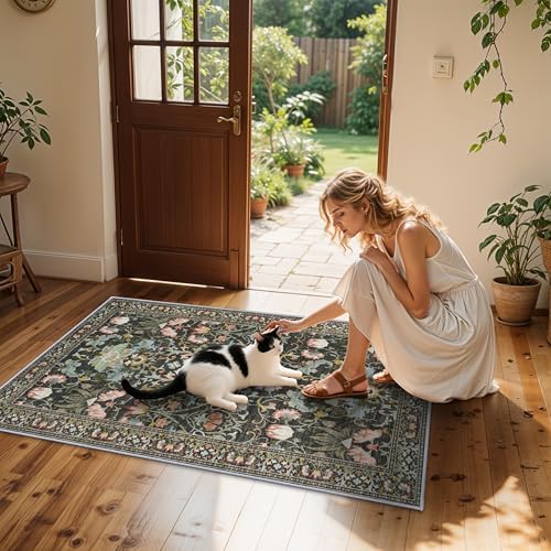 3x5 Living Room Area Rugs: Vintage Washable Non-Slip Rug for Bedroom Dining Room Soft Carpet for Nursery Kitchen Home Office Durable & Easy-Clean Design Perfect for Homes with Cats & Dogs(3x5,Green) - Image 2