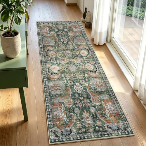 RUGSURE Washable Area Rugs - Perfect for Living Room, Bedroom, Kids Room, Nursery - Stain & Water Resistant Non-Slip, Pet & Child Friendly, Vintage Tribal Area Rugs (Green, 2'6'' x 8') - Image 4