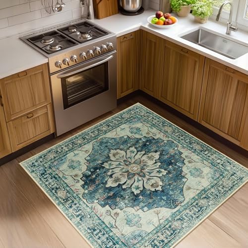 RELEANY Washable Area Rug, Square 4'x4', Blue/Vintage Dark Blue by RELEANY