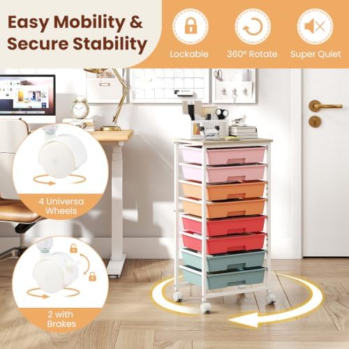 Giantex 8 Drawers Rolling Cart with Wheels, Wood Top, Sturdy Frame - Image 7