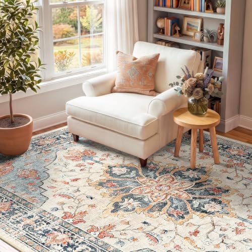 RELEANY Washable Area Rug, 8'x10', Beige/Blue/Orange - Image 4