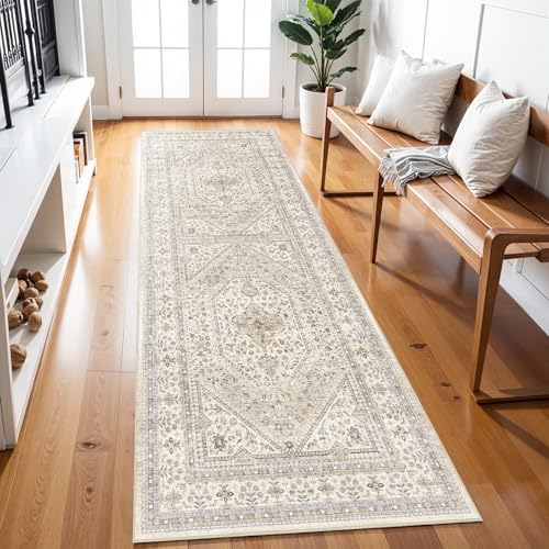 3x8 Washable Hallway Runner Rug - Non-Slip Vintage Kitchen Rugs Beige Gray - Image 2