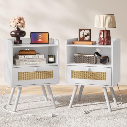 SUPERJARE Nightstands with Charging Station, Bedside Table Set of 2, White by SUPERJARE