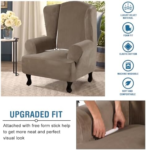 H.VERSAILTEX Wingback Chair Covers Velvet Plush Wing Chair Slipcover 1 Piece High Stretch Wing Back Chair Slipcovers Sofa Cover Furniture Cover with Elastic Bottom, Mocha - Image 4