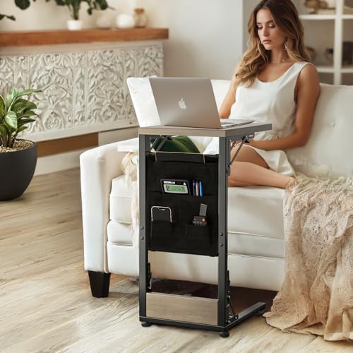 Folding TV Tray Table, Small Folding Side Table with Storage Bag, Portable C Shaped End Table for Couch Sofa Bed, Oak Gray - Image 2