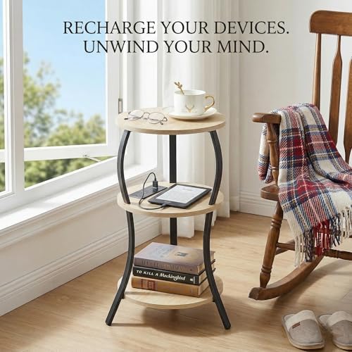 YEAKOO Small Side Table with Charging Station,3-Tier Round end Table - Image 5