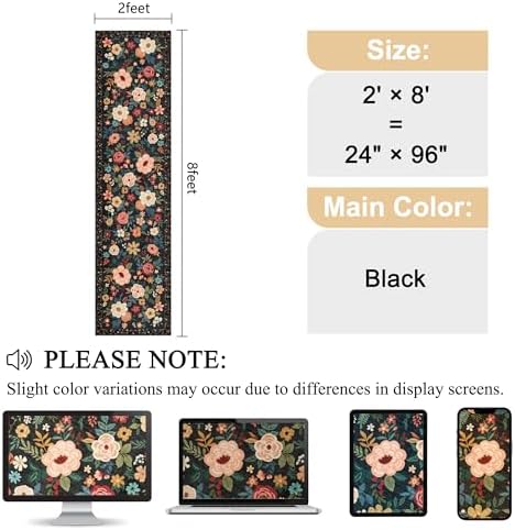 DUKINO 2x8 Runner Rug, Floral Washable Kitchen Runner Rug Non Slip, Black - Image 2
