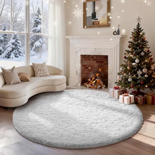 Ophanie Round Rug 5Ft White Circle Area Rug, Aesthetic Room Decor, Fluffy Fuzzy Bedroom Carpet, Plush Soft Shaggy Living Room Rugs for Kids Home Decor, Nursery with Over 99 pcs Pile fibers by Ophanie