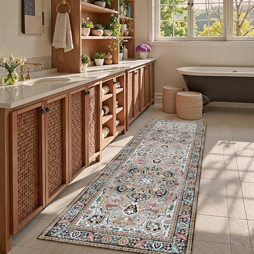 Washable Area Rug 2'6'' x 8' Vintage Traditional Persian Mat - Foldable Distressed Non-Slip Machine Washable Carpet for Living Room Bedroom Kitchen Home Decor - Slate and Multicolor - Image 2