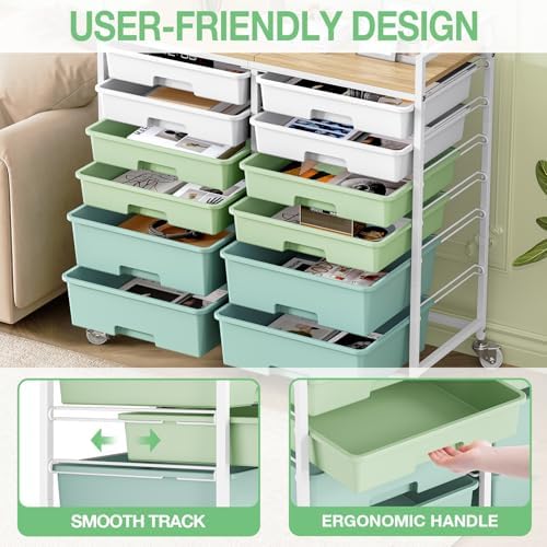 TOOLF 12 Drawers Rolling Storage Cart with Wooden Top for Classroom,Green - Image 5