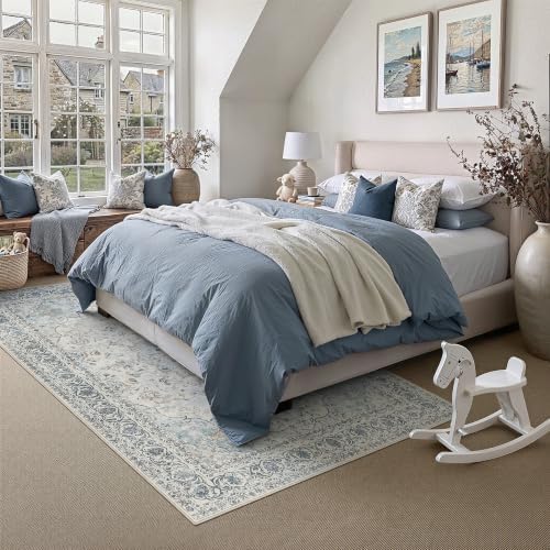 8x10 Washable Area Rug Navy Blue Non Slip Vintage Carpet - Image 3