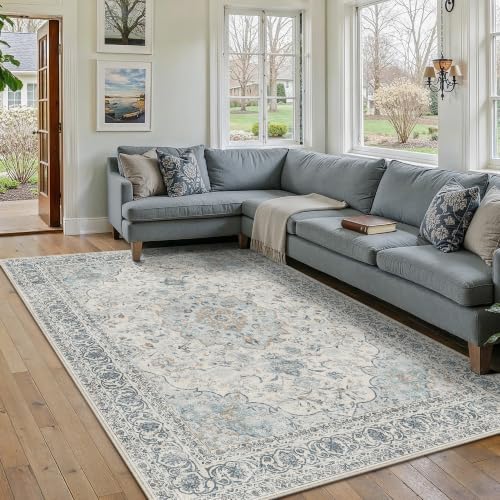 5x7 Washable Area Rug Navy Blue Non Slip Vintage Carpet - Image 3