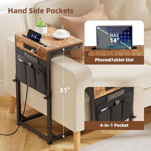 Simple Trending Side Table, C Shaped End Table with Charging Station, Couch Table with Storage Bag, Adjustable Height, Rustic Brown - Image 3