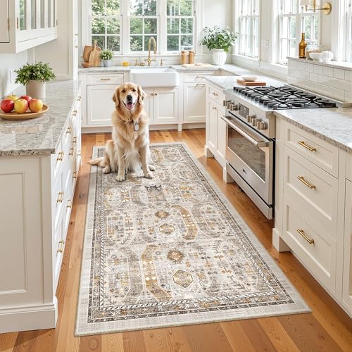 Madane Washable Runner Rug 3x6 Runners for Hallways Non Slip, Brown/Gold by Madane