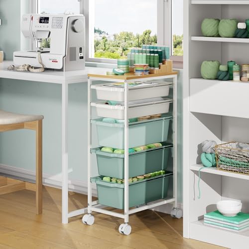 KINGBOARD Slim Rolling Cart with 5 Drawers, Metal Utility Storage Cart | Wooden Tabletop, Lockable Wheels, Table Side Trolley for Bedroom, Children's Room and Office Organization, Green - Image 7