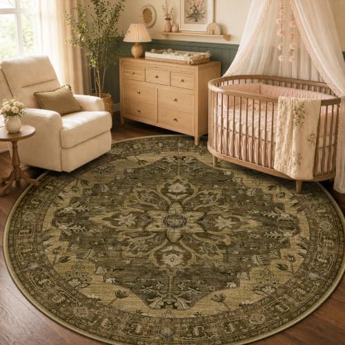 RELEANY Washable Area Rug, Round 5ft, Brown/Dark Brown by RELEANY