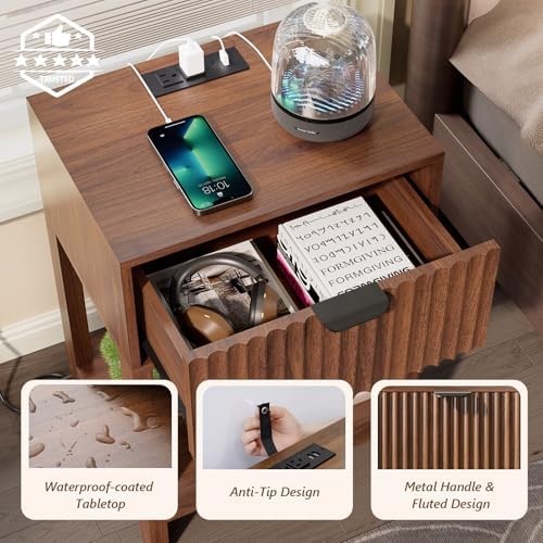Nasonet Night Stand Set 2, Fluted Nightstand with Charging Station, Wood Bedside Table with Drawer & Storage Shelf, Modern End Tables for Bedroom Sofa Couch Office, Walnut - Image 6