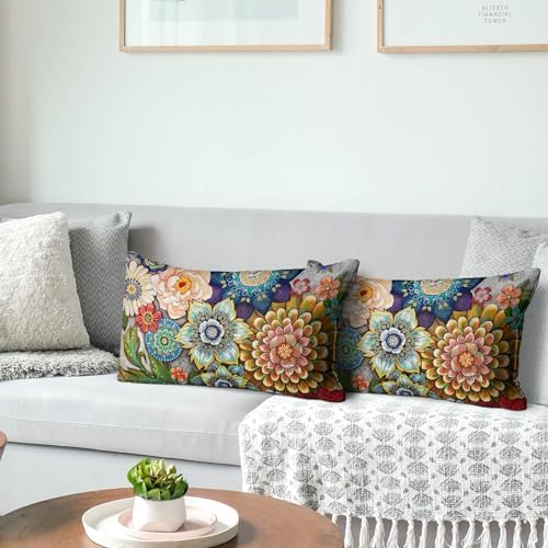 Snycler Boho Floral Throw Pillow Covers Set of 2 Colorful Boho Flower Decorative Cushions Pillowcase for Bedroom Sofa Home Decor, 12x20 Inch, Velvet, Short Plush - Image 4