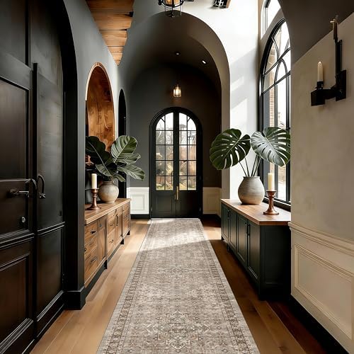 Washable 2'6x12 Entryway Runner Rugs, Vintage Non-Slip Low Pile Rugs Brown - Image 3