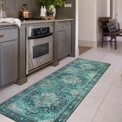 Moynesa Ultra-Thin Washable Runner Rug - 2x7 Teal Hallway Rug Runner Kitchen Carpet Runner, Non Skid Non Shedding Low Pile Bathroom Mat for Apartment Entryway Foyer Vanity RV by Moynesa