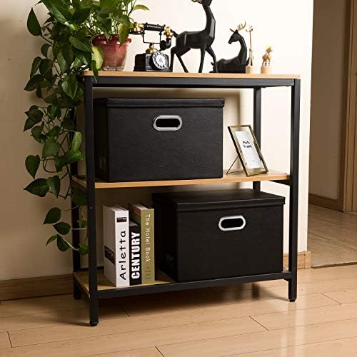 PRANDOM Large Foldable Storage Bins with Lids [3-Pack] Leather Fabric Collapsible Storage Boxes Organizer Containers Baskets Cube with Cover for Home Bedroom Closet Office Black(17.7x11.8x11.8) - Image 3