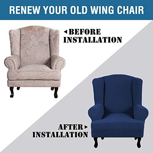 H.VERSAILTEX Wing Chair Slipcover Chair Covers for Wingback Chairs Wingback Chair Covers Slipcovers 1 Piece Stretch Sofa Cover Furniture Protector Soft Spandex Jacquard Checked Pattern, Navy - Image 4