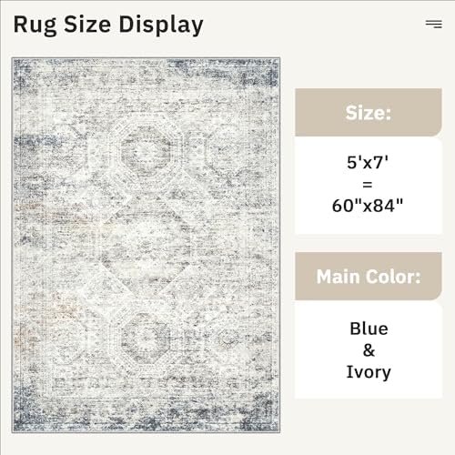 Soalmost 5x7 Area Rugs Blue/Ivory Low Pile Washable Trendy Faded Style Rug - Image 5