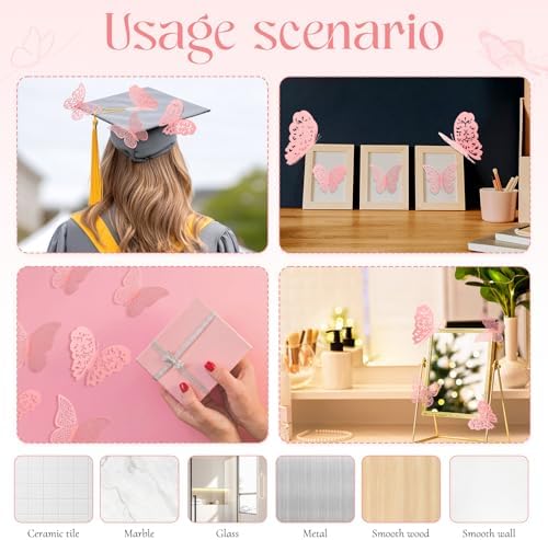 Bememo 72 Pcs 3D Butterfly Wall Decals, 3 Sizes,Light Pink | Metallic Hollow Design for Bedroom Living Room, Removable Adhesive Wall Decor, Easy Peel Stick Party Decoration Stickers - Image 7