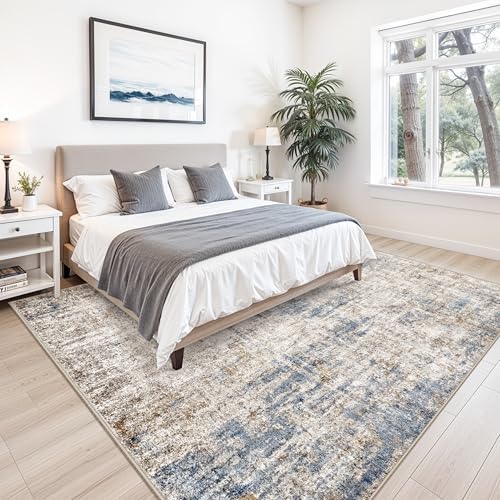 10x10 ft Square Living Room Rug – Washable Modern Abstract Area Rug for Bedroom, Dining Room, Playroom – Neutral Non-Slip Low-Pile Thin Indoor Carpet（Blue Brown） - Image 3