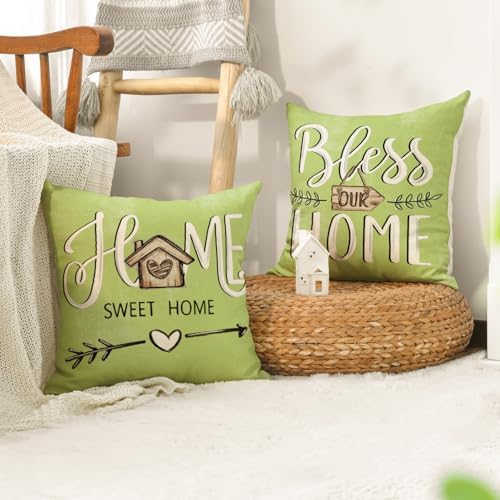 AVOIN colorlife Bless Our Home Eucalyptus Leaves Throw Pillow Covers, 18 x 18 Inch Spring Truck Cushion Case for Home Sofa Couch Set of 4 - Image 3