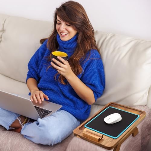 SINWANT Couch Arm Tray, Acacia Wood Sofa Arm Rest Table Clip on Wide Armrest,Folding Anti Slip Couch Armrest Table with 360° Rotating Phone Holder for Snacks,Drinks,Remotes - Image 4