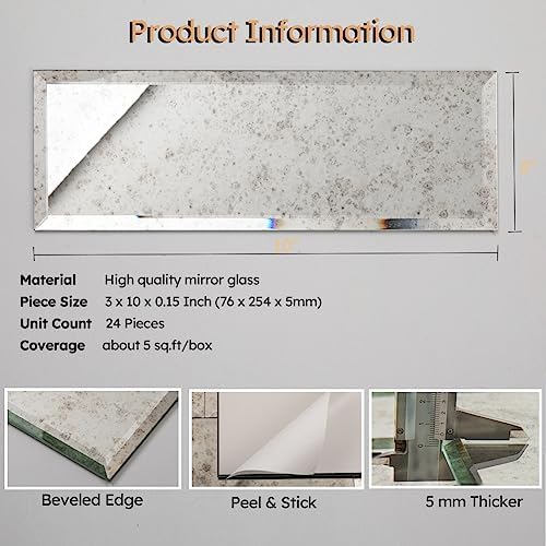 Diflart Peel and Stick Mirror Backsplash, Light Antique, 3x10 Inch, Beveled Mirror Subway Kitchen Bar Wall Tile (5 Sq.ft, 24 Pcs) - Image 3