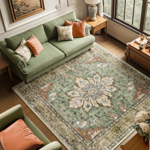 RELEANY Washable Area Rug, Square 7'x7', Brick/Brown/Green - Image 3