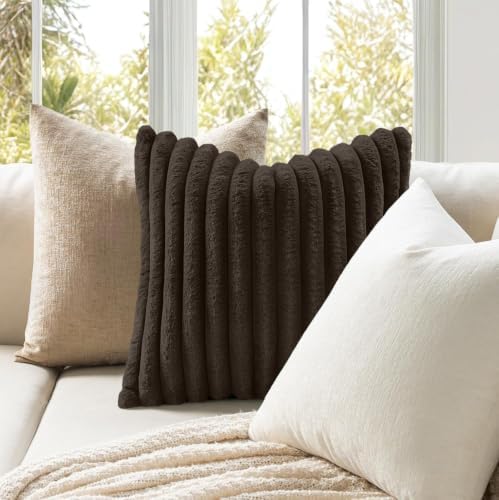 MIULEE Faux Fur Decorative Throw Pillow Covers 18x18 Set of 2 Dark Brown - Image 3