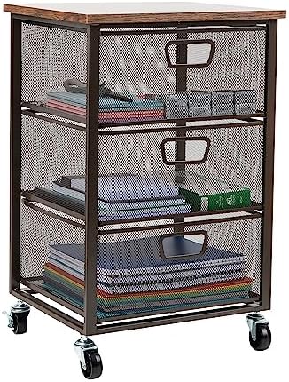 Mind Reader 3 Drawer Storage Organizer with Wood Top, Rolling Office Organizer Cabinet with Wheels, Office, Metal Mesh, Black by MindReader