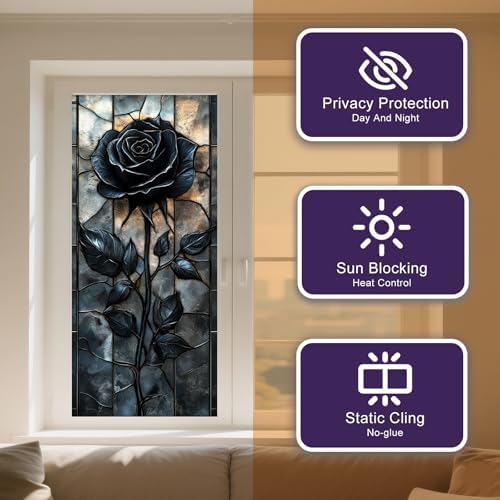 IVN Privacy Window Film Stained Glass Window Cling Black Rose - Image 2