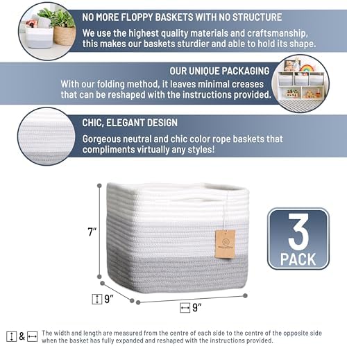 NaturalCozy Storage Cubes 9”x9”x7”Cotton Rope Woven Baskets for Organizing 3-Pack | 9 Inch Cube Storage Bin | Small Basket for Shelf Nursery, Pantry, Decorative Plant, Bathroom Closet, Toy Gift - Image 2