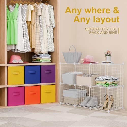 Leinuosen 6 Cube Storage Organizer with 6 Foldable Fabric Storage Bins, Metal Wire Grid Shelves, Stackable Modular Closet Organizer for Bedroom Living Room Office Toys Books(White,Colorful) - Image 4