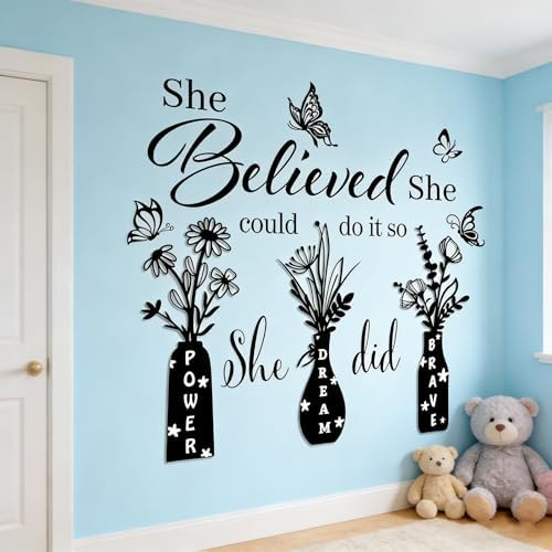 Inspirational Wall Stickers for Women - She Believed She Could Motivational Quote Decal with 3 Floral Vases & Butterflies, Removable Vinyl Decor for Bedroom, Home Office Decor - Image 2