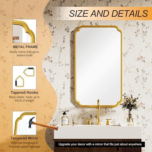 Ferytange 26"x40" Rustproof Bathroom Mirror Gold, Round Corner Metal Frame Wall Mirror, Horizontal/Vertical Hanging Over Sink, Bedroom Bathroom Decor - Image 6