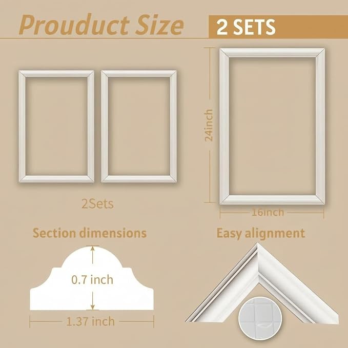Wainscoting Molding Kit, 2 Frames, 16 x 24 Inch | Two 16 x 24 in pre-cut frames provide a compact peel-and-stick upgrade for doors, narrow walls, and small spaces. - Image 2