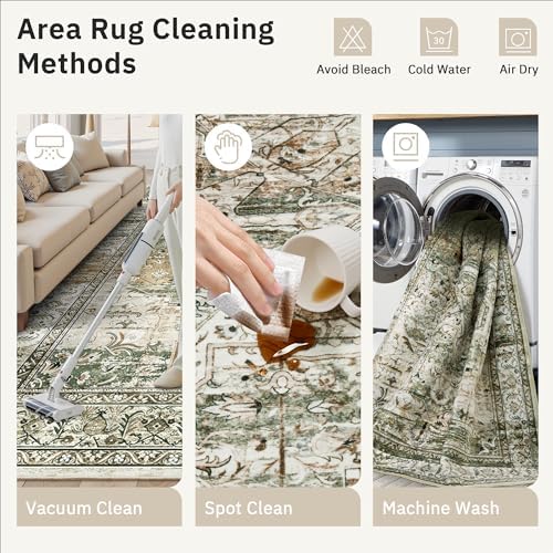 Soalmost 5x7 Area Rug Low Pile Washable Trendy Faded Style Rug, Olive Beige - Image 5