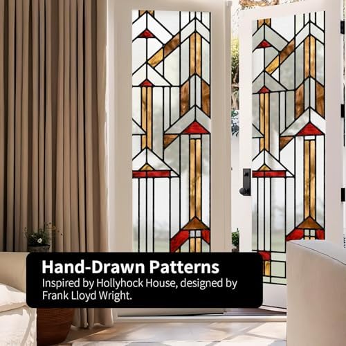 Original Hand Drawn Stained Glass Window Film Amber Geometry Patterns Inspired by Hollyhock House for Glass Window and Door, See Through 22.83"X114.17" - Image 2