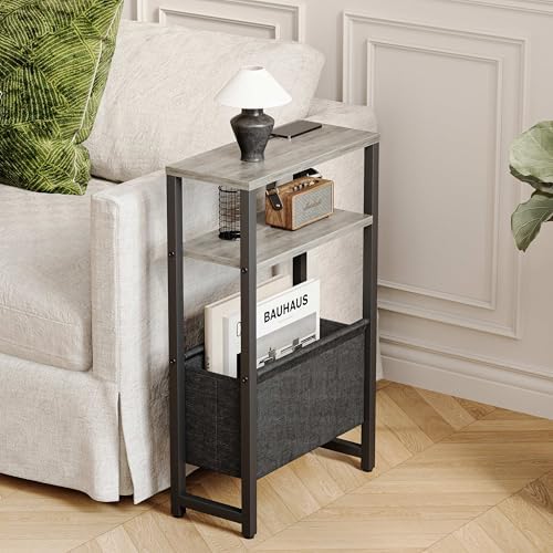 Narrow Side Table, Slim End Table with Magazine Rack, Skinny Bedside Table for Small Spaces, 3 Tier Sofa Couch Table Nightstand for Living Room, Bedroom,Oak Grey LET503Q - Image 2