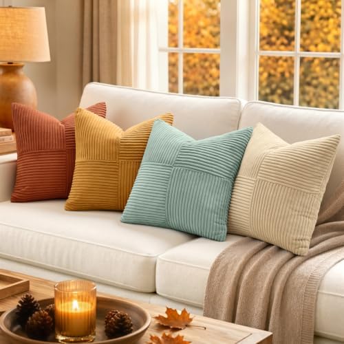 MIULEE Fall Teal Orange Decorative Throw Pillow Covers 18x18 Inch Set of 4 Boho Corduroy Striped Cushion Cases Modern Farmhouse Patchwork Pillow Cases for Couch Sofa Bedroom Home Decor - Image 3