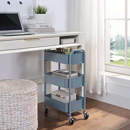 SunnyPoint 3-Tier Delicate Compact Rolling Metal Storage Organizer - Mobile Utility Cart Kitchen/Under Desk Cart with Caster Wheels - Blue (15.35" X 10.24" X 26.8"H) - Image 2